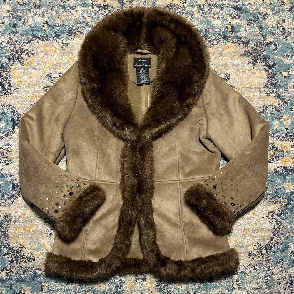 dennis basso Taupe Faux Suede Jacket with Brown Faux Fur Trim Size S
